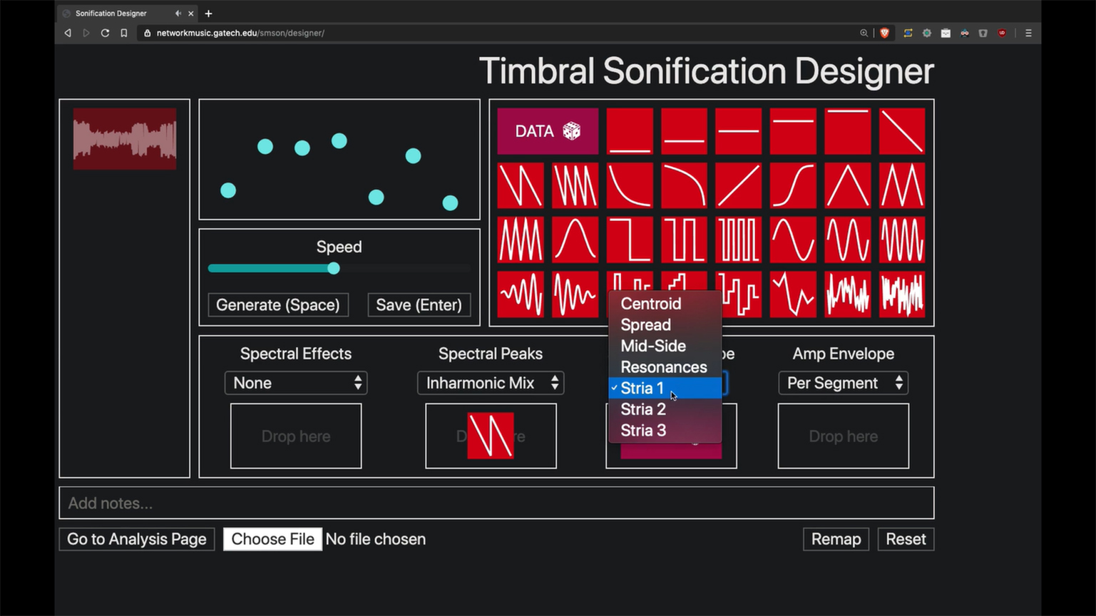 A shot of the Timbral Sonicification application, featuring numerous options to change sound expressions.