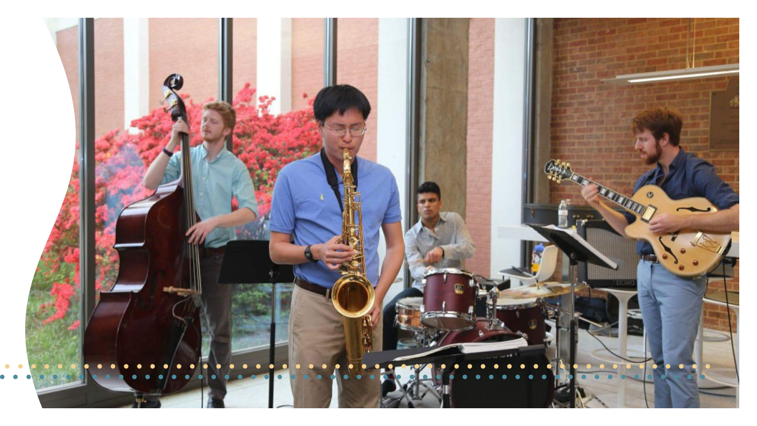 A few studnets playing jazz in a Georgia Tech campus building.