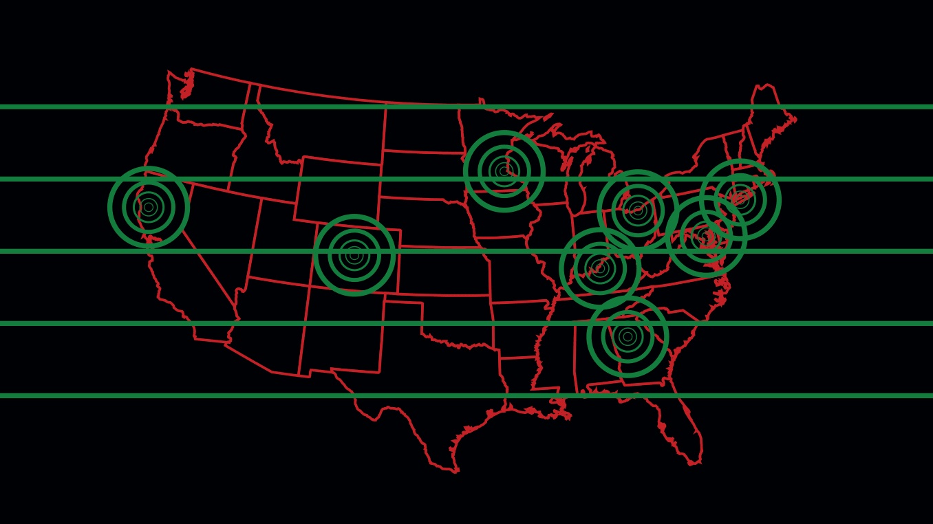 The Cartography Project Illustration of sound waves propagating from areas in a map of the United States.