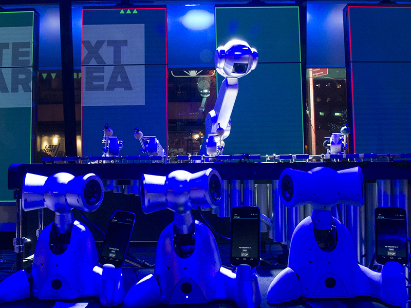 Robotic musicians perform with humans.