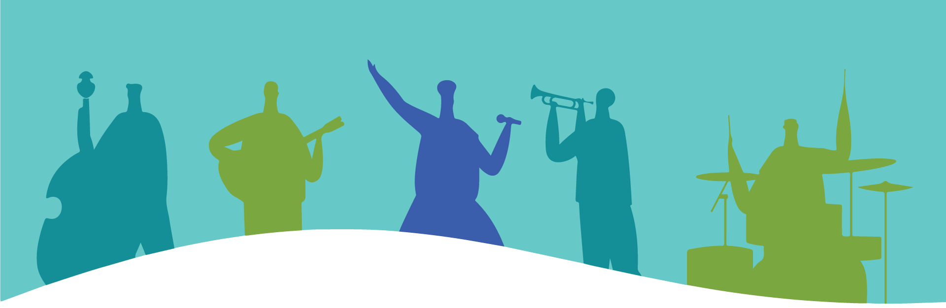 A group of vector musicians playing their instruments on a yellow background.