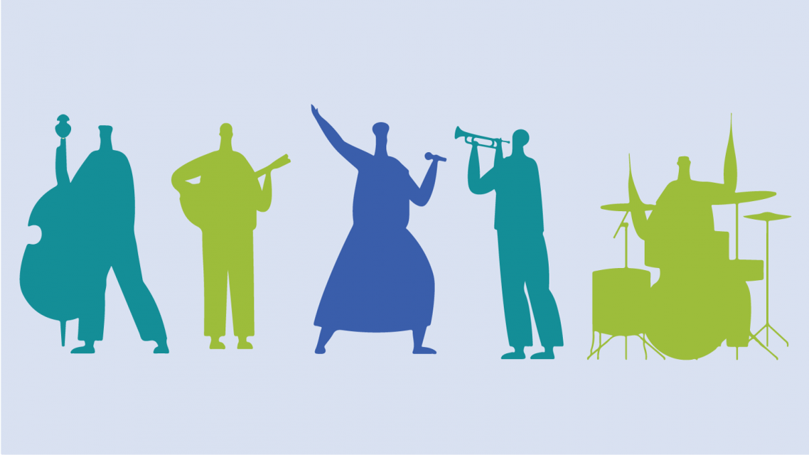 Five vector musicians in shades of blue