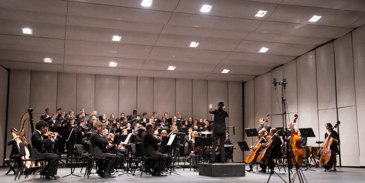 Concert orchestra performing on Ferst stage