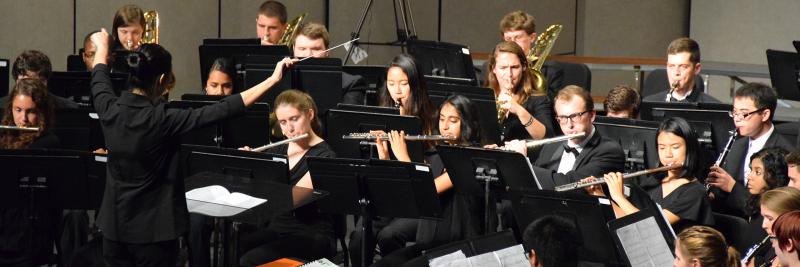 Flute section of concert band performs on stage