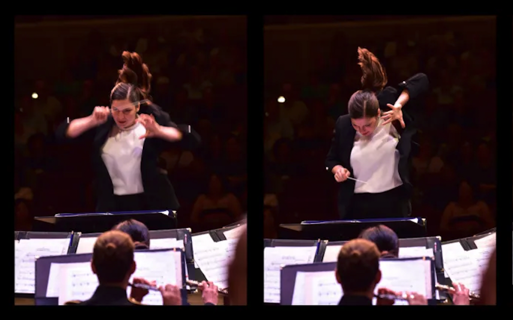 Two images of a woman conducting