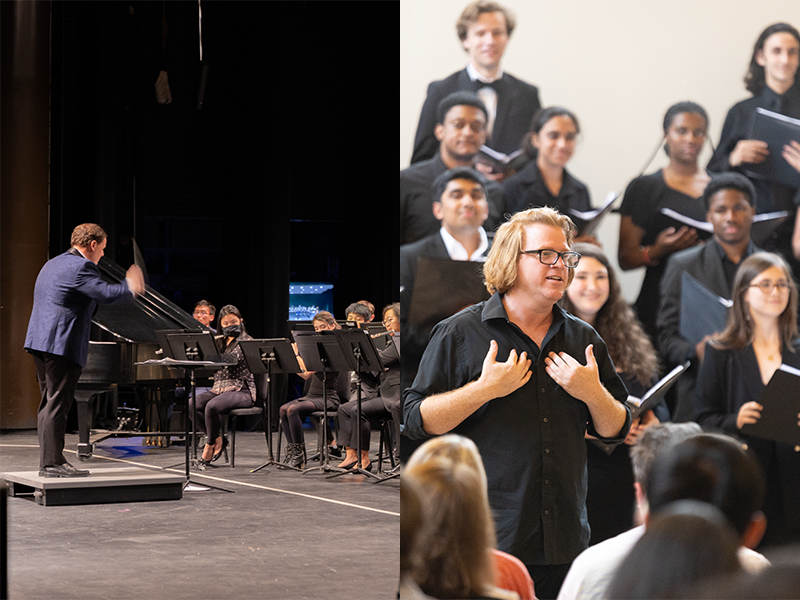 Composite image showing BJ Diden conducting the Symphonic Band on the left, Nathan Frank directing the Chamber Choir on the right